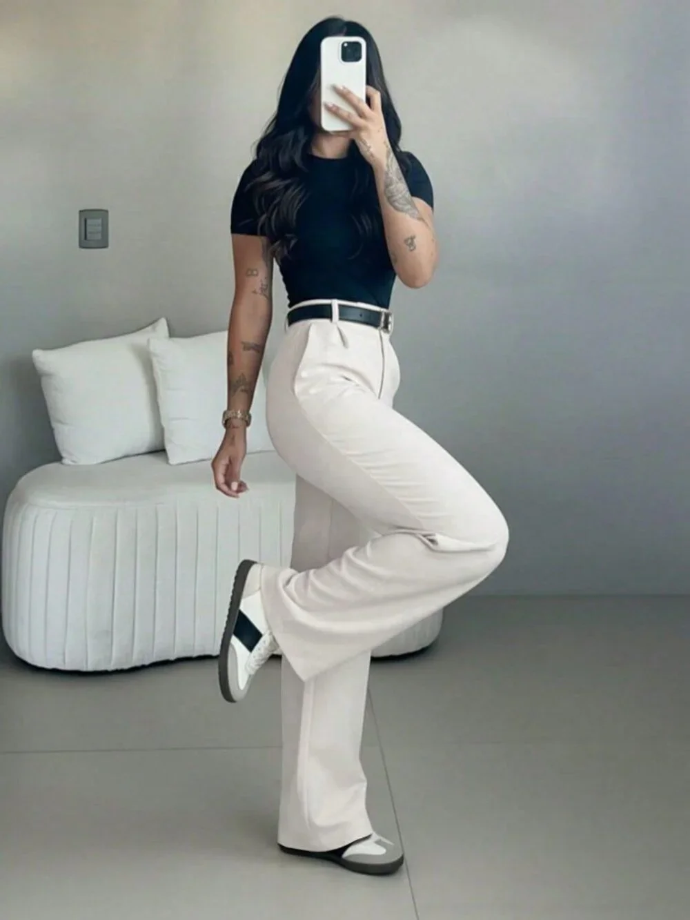 White Elegant Women's High Waist Slim Fit Wide Leg Pants